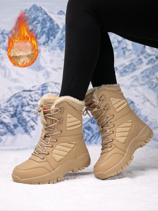 Women's Fashionable Patchwork Lace Up Snow Boots, Casual Comfortable Warm Thick Sole Boots for Winter, Female All-match Round Toe Shoes for Daily Wear