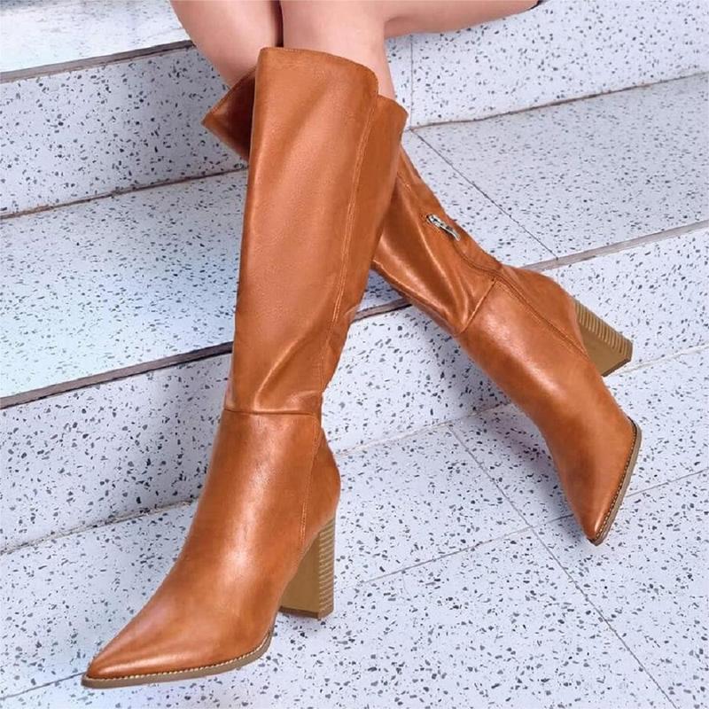 Women's Wide Calf Knee High Boots Stacked Block High Heel Bootie Side Zip Pointed Toe Heeled Booties