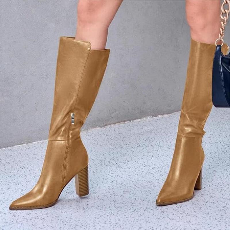 Women's Wide Calf Knee High Boots Stacked Block High Heel Bootie Side Zip Pointed Toe Heeled Booties