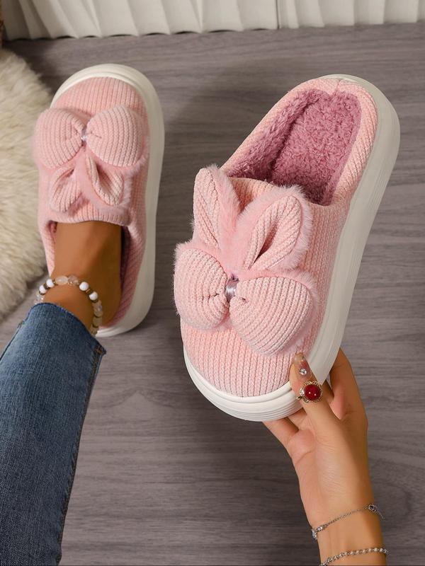 Women's Cute Bowknot & Rabbit Ear Design Plush Slippers, Casual Soft Comfortable Home Slippers, Warm Slippers for Indoor & Outdoor Use for All Seasons