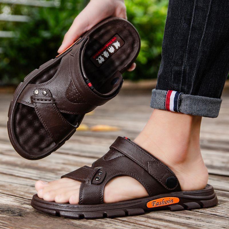 Men's Sandals Genuine Leather Casual Beach Shoes New Dual Purpose Non-Slip Slippers Platform