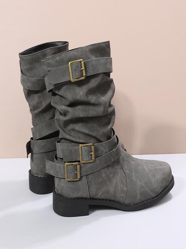 Women's Fashion Solid Color Round Toe Boots, Casual Solid Color PU Leather Boots, All Match Boots For Daily Wear