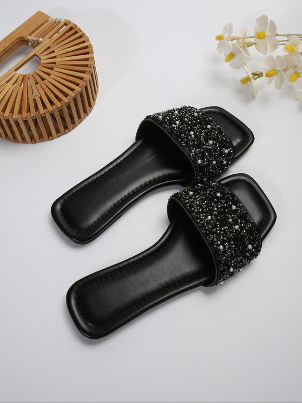 Women's New Trend Faux Pearl Decorated Slip on Flat Sandals, Casual Open Toe Sandals for Summer, Fashionable Shoes for Outdoor Wear