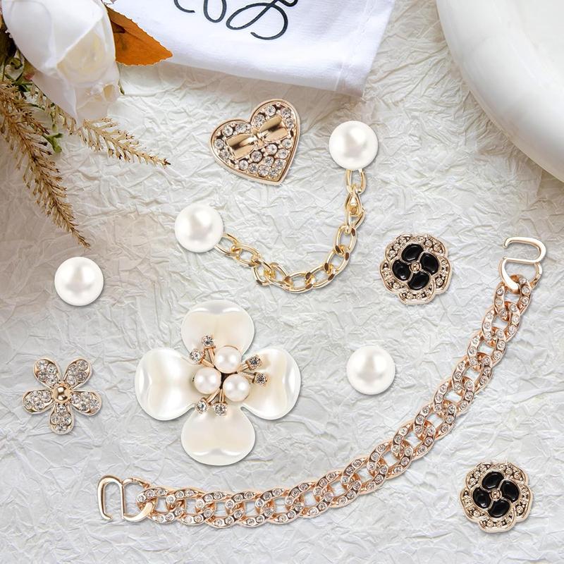 18 Pcs Bling Shoe Charms, Flower Pearl Clog Shoes Accessories,Pearl Chain DIY Sandals Decoration for Women, Party Favors Footwear Comfort Bedroom Knee