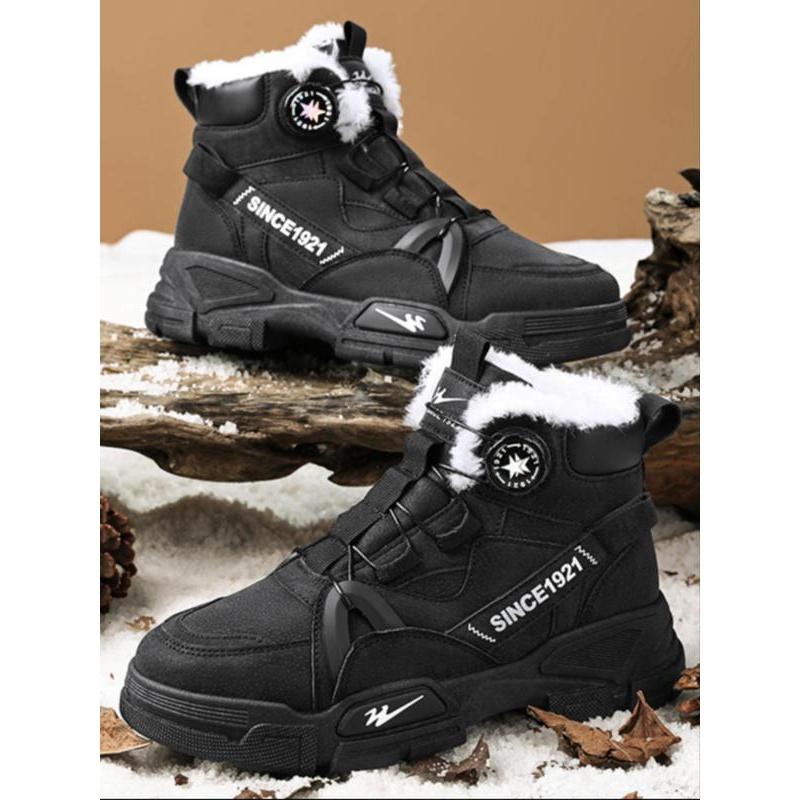 Men's Letter Patched Design Winter Boots, Casual Outdoor Sports Boots, Warm Comfortable Snow Boots for Men, Fashionable Shoes for Daily Wear Footwear Walking Shoes