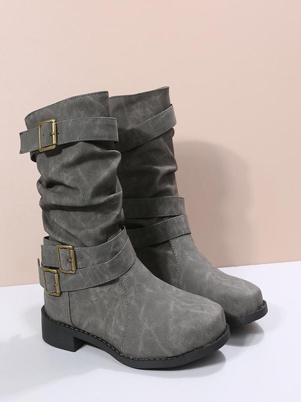 Women's Fashion Solid Color Round Toe Boots, Casual Solid Color PU Leather Boots, All Match Boots For Daily Wear