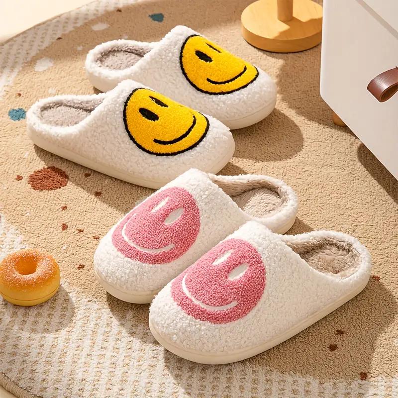 Cozy Smile Fuzzy Slippers - Soft Fabric Upper, Non-Slip TPR Sole, Slip-On Design, Warm and Plush for Winter, Casual Smile Pattern, FabricInsole, Positioning Printing, All-Season Wear