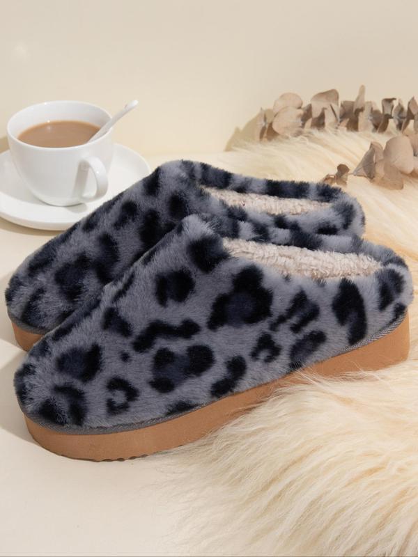 Women's Leopard Print Fluffy Plush Slippers, Soft Comfy Home Slippers, Warm Slippers for Indoor & Outdoor Use for Fall & Winter