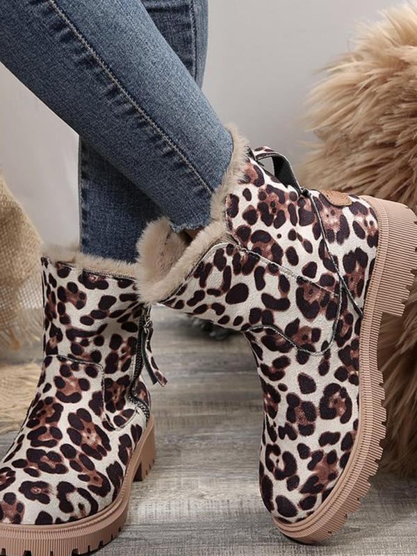  Women's Fashionable Plain Leopard Print Plush Lining Snow Boots, Casual Comfortable Thick Sole Boots for Fall & Winter, Female All-match Round Toe Shoes for Daily Wear