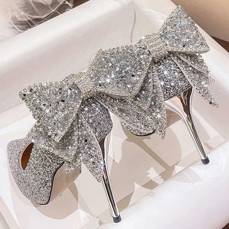 Wedding Shoes Luxury Rhinestone Spring and Autumn New Pointed-Toe Stiletto Bow Pumps Premium Sequins Bridesmaid Shoes