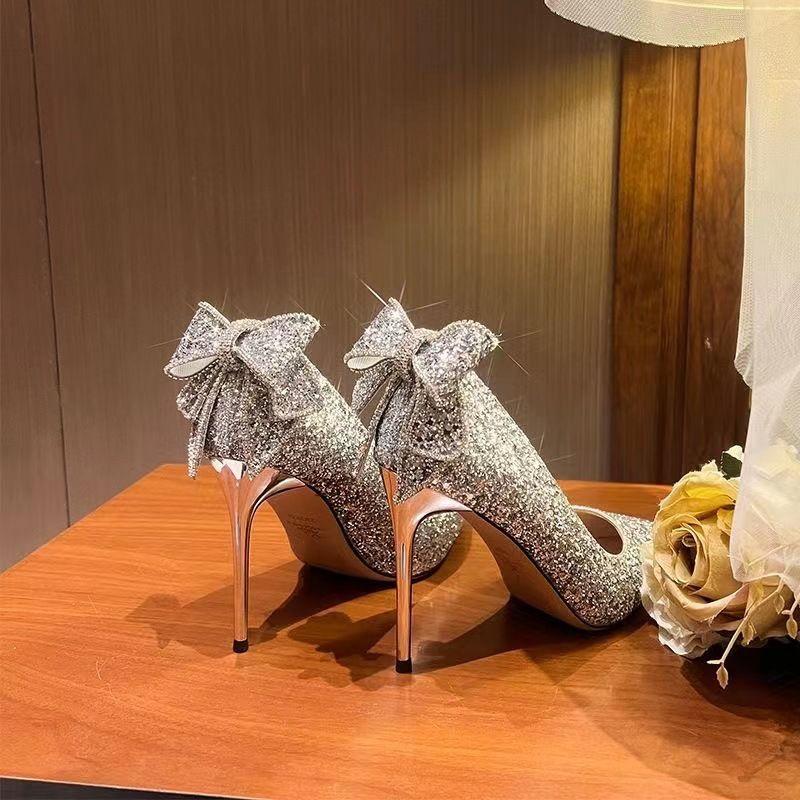 Wedding Shoes Luxury Rhinestone Spring and Autumn New Pointed-Toe Stiletto Bow Pumps Premium Sequins Bridesmaid Shoes