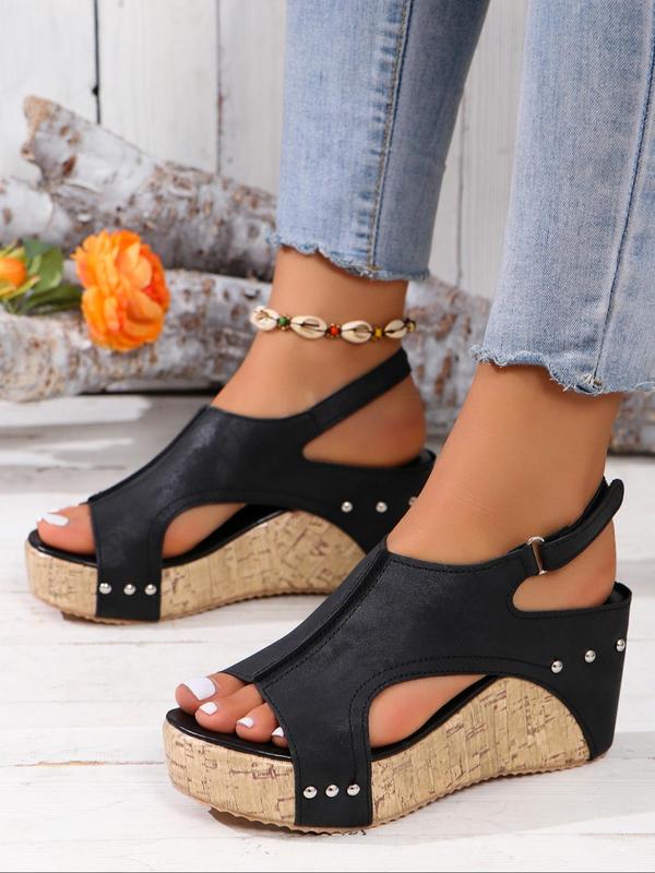 Women's Fashion Rivet Decorated Wedge Sandals, Casual Summer Flat Sandals for Summer 2024, Fashionable Shoes for Beach & Vacation Vacation Outfits