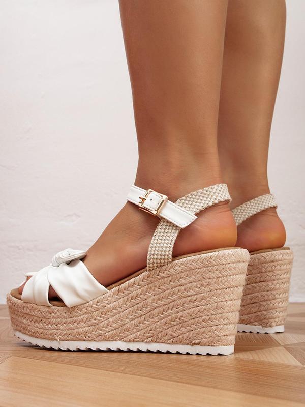 Women's Bowknot Design Espadrille Wedges, Ankle Strap Wedge Sandals, Casual Outdoor Platform Beach Sandals, Fashionable Slingback Shoes for Daily Matching